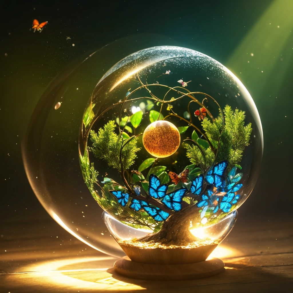 (masterpiece),(best quality:1.0), (ultra highres,), detailed, a glass ball with a tree inside of it, digital art, cg society contest winner, butterflies and sunrays, concept art design illustration, beautiful digital illustration, closed ecosystem