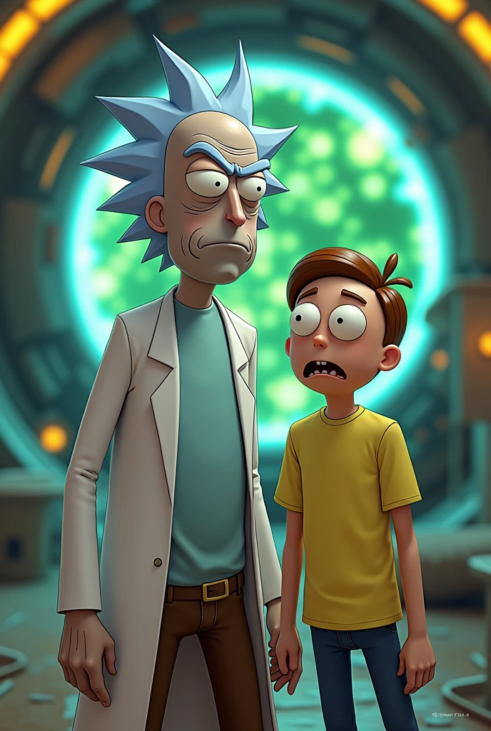 "A realistic live-action portrayal of Rick and Morty. Rick is depicted as an older man with wild, spiky grey hair, deep-set wrinkles, and a slightly unkempt appearance, wearing a white lab coat over a simple light-blue shirt. His expression is a mix of genius and madness, with sharp blue eyes and a sarcastic smirk. Morty, standing beside him, is a nervous-looking teenager with short brown hair, a round face, and wide, anxious eyes. He’s dressed in a plain yellow t-shirt and jeans. The setting hints at a sci-fi environment, with elements like glowing portals or futuristic gadgets subtly integrated into the background. The overall scene captures the adventurous and chaotic essence of Rick and Morty, with detailed textures, realistic lighting, and vibrant colors that bring the live-action characters to life."