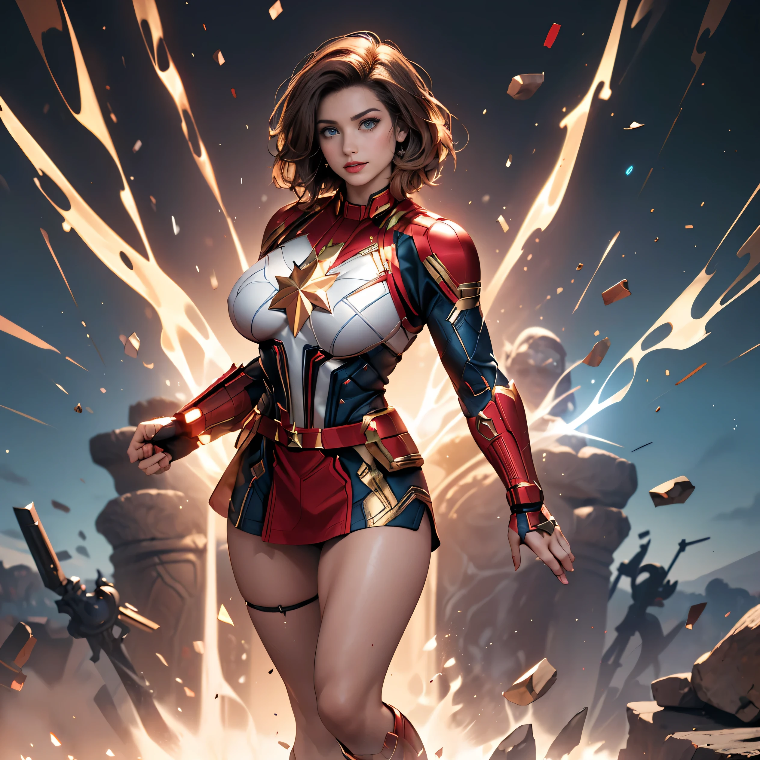 Pretty Caucasian (female), Sarah Shahi, a slim but muscular body, huge breasts, dark brown messy hair, blue eyes, ((bright red lipstick)), ((seductive smile)) ((big bright blue eyes looking towards the viewer)) ((short messy dark brown hair)) ((big breasts:1.6)) ((slender body:1.3)) (wearing captain marvel costume, [[[ultra micro miniskirt, very very very micro miniskirt exposing full lengthy thick thighs]]], )) ((in battle ground)) ((high definition:1.5), ((pale lights)) ((masterpiece:1.5))((8k:1.5)) ((Best quality:1.4)), detailed eyes, detailed hands, detailed fingers, (((detailed beautiful thighs))), large explosive cleavage, , standing spread legs, (( full body shot)) (((view from front))),
