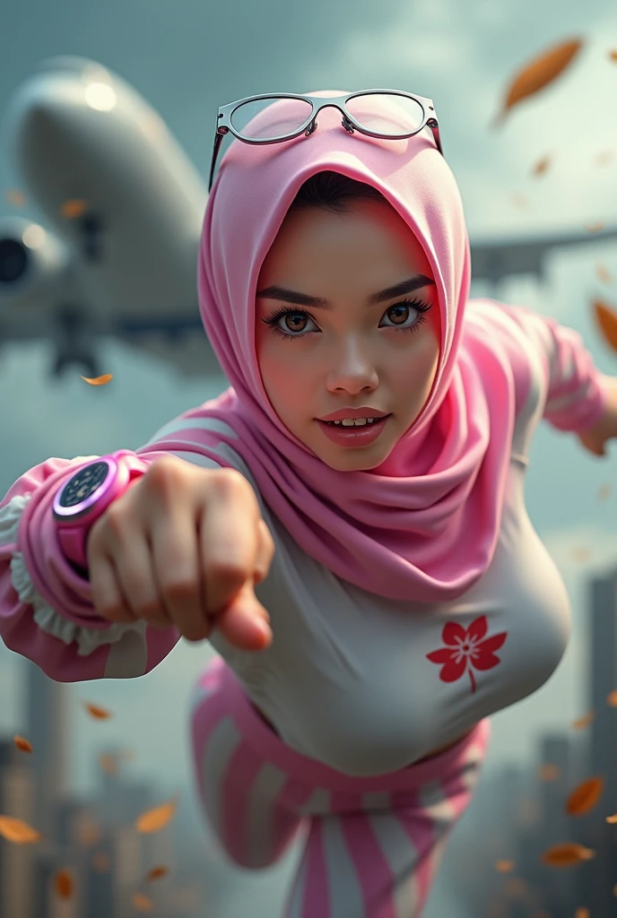 Malaysia women a realistic masterpiece. Human .wear pint watch.. 1girl wearing a hijab, detailed beautiful face, Hijab Muslim. Wear long sleeve moder design pink white pink stripe white. anger face, minimalist flower on shirt. Enger face. Open mouth. Glowing power pink. . Wear pink white.small Safety Pink yellow glasses google spectacle top of the head rubber band. Age . Flying position. Fast fly. Panning effect Photography . Jump on and have a super strong power.. punch flying beside big aeroplane . Fight pose. Bokeh background. fist front.. At the city. Bad waether. , detailed lips, long eyelashes. Hero, modest expression, delicate facial features, natural skin tones, , detailed folds and textures of hijab, natural lighting, high quality, photorealistic, 8k, best quality. Malaysia girl. Floating small stone and dry leave. ). Running effect. Glowing yellow power. Runfast effect. Wear blue big glasses big frame. Braces teeth. Boleh background. Panning effect.pink high tech watch. flying high on sky.
