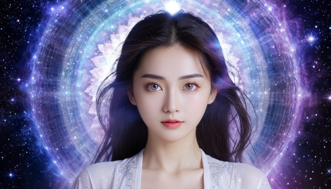 Highest quality, One person, Beautiful eyes, Looking at the camera(Show the whole body), universe,Mind Aura Cleansing,The whole body is purified,A beautiful woman with a beloved aura