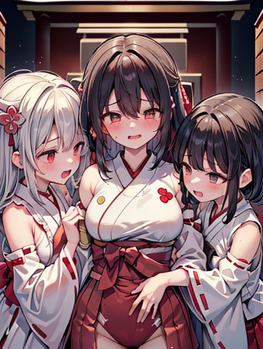 (detailed fingers,detailed hands,detailed eyes,detailed legs:1.2),(night, dark room,japanese style room:1.2),cowboy shot,standing,(3girls,Three people side by side:2),(yuri,nestle:1.5),(nsfw),(The two on the sides sexually assault the woman in the center,The two on the sides have their hands on the crotch of the woman in the middle,The two on the sides are groping the breasts of the woman in the middle,Over the clothes:1.8),(The two on the sides sexually assault the woman in the center,The two at the end smiled happily.,The woman in the center is being attacked and sighs with sexual excitement.,The woman in the center being attacked has her arms down:1.7),(female orgasm:1.2),(pussy juice),(embarrassed,blush:1.2),(steam:1.2),(sweat skin:1.2),(saliva:1.1),(looking down at viewer:1.2),large breasts,crying face,(watery eye),(miko,shrine maiden, japanese clothes, detached sleeves,hakama long skirt:1.5),white panties,(You can&#39;t see the panties with the skirt:1.5),(wet clothes:0.2),same age,All three are dressed exactly the same