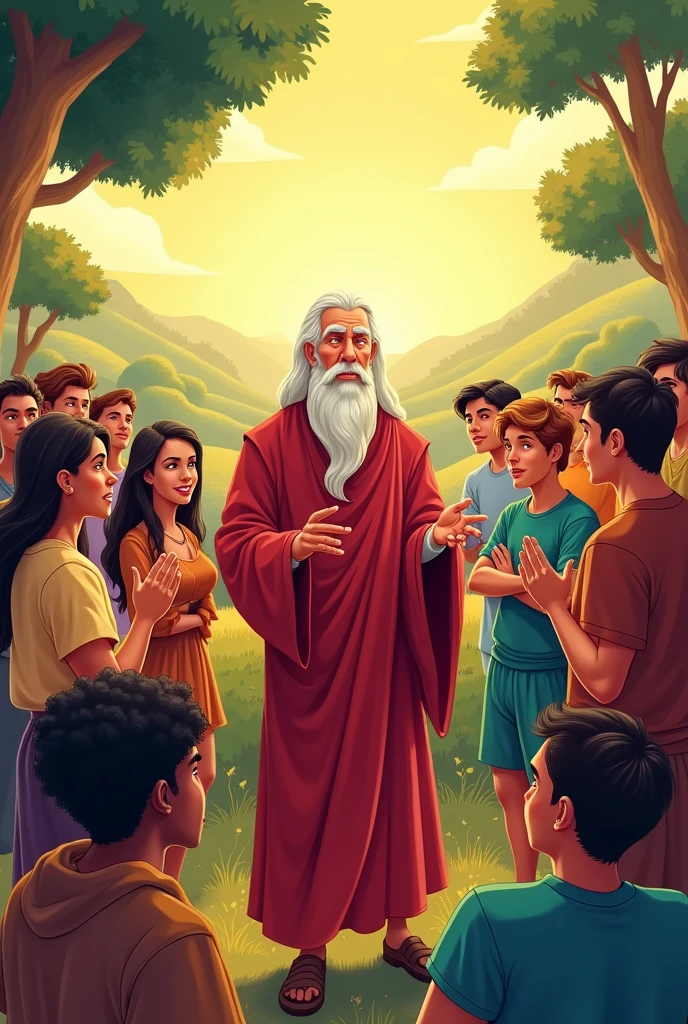 Create for me an image of St. Augustine of Hippo with young people, men and women around, with disney cartoon style