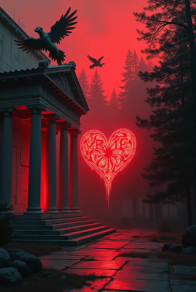 On the left side, there is a Greek architectural structure, possibly a temple or pantheon, with Doric columns and statues, illuminated by an intense red light that creates a dramatic contrast against the nighttime background. Above and right of the image, Classical cherubs drawn in engraving style are floating. there is a dark forest, with towering trees that add a mysterious and somewhat dark element. At the center, there is a word or an abstract form, painted in vibrant red, with stylized lines reminiscent of graffiti. O vermelho, used both in the lighting of the temple and in the central word or form, unifies the different elements of the image and creates a sense of tension and dynamism.