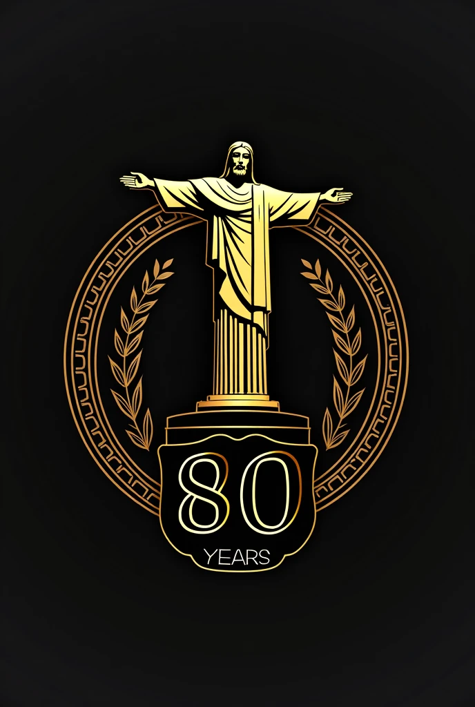 A gold and black colored logo, in round format, with the theme “80 years CECR”, including the image of Christ the Redeemer