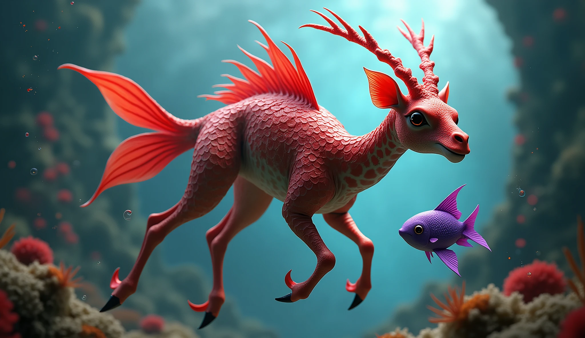 Giraffe fish，The tail and fins are red, Red scales on his back, Manjita smoke red light, Albino Mystic, Red scales, a purple fish, Beautifully detailed orixa, Kurumida Masami, purple mullet, She has rainbow scales, Rare fish, red realistic 3 d render, Betta, Colored zbrush rendering，Spawn two fish,Then the background is the underwater world