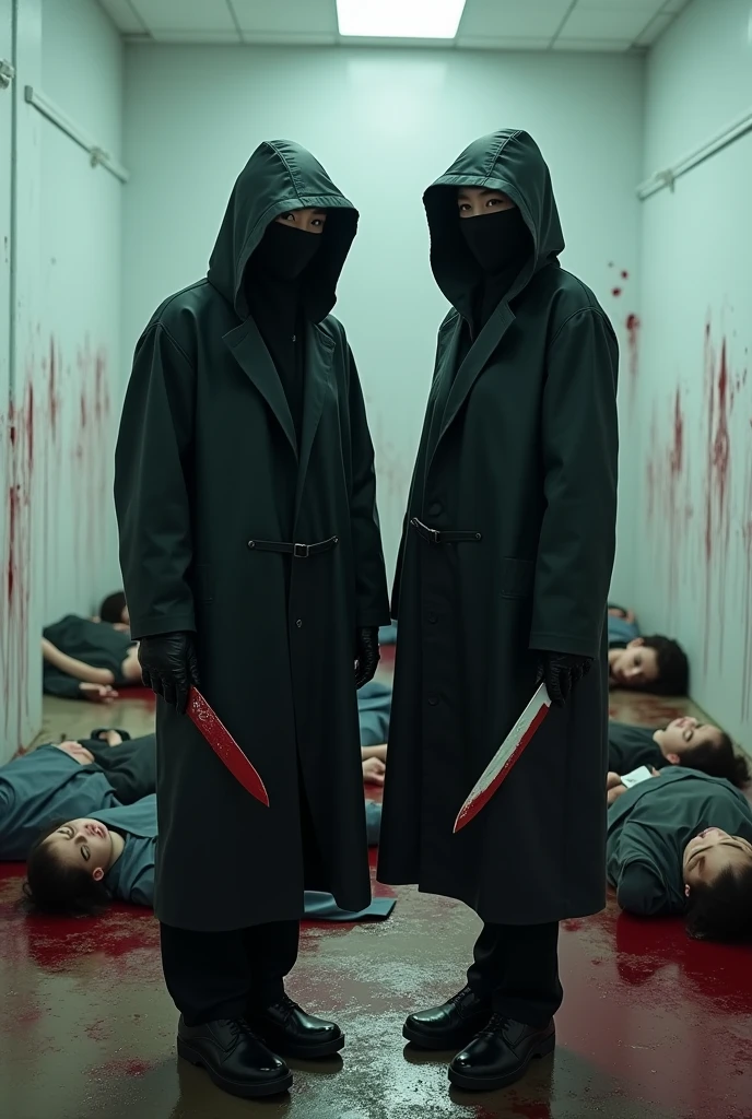 2 korean girls, (holding knife, black surgical mask), stabbing, black leather gloves, bloody room, black raincoat, hood up, girl only, bloody knife, leather gloves, looking at viewer, white room, blood splatter, night, mass murderer, killer, blood splatter, bloody room, behind multiple stiff, behind multiple cadaver,
