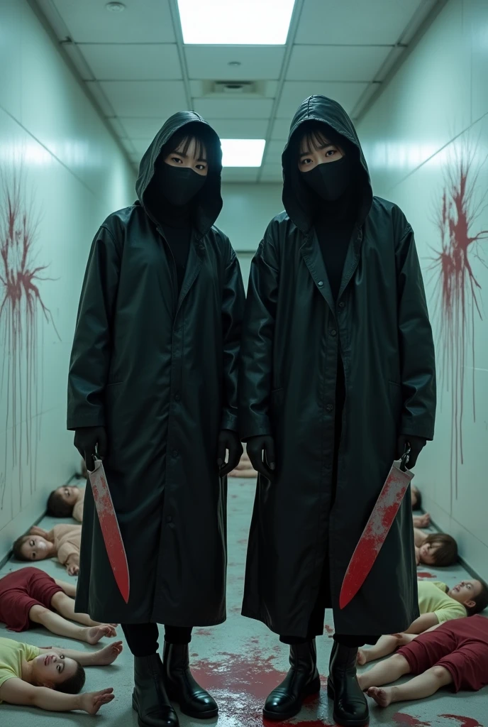 2 korean girls, (holding knife, black surgical mask), stabbing, black leather gloves, bloody room, black raincoat, hood up, girl only, bloody knife, leather gloves, looking at viewer, white room, blood splatter, night, mass murderer, killer, blood splatter, bloody room, behind multiple stiff, behind multiple cadaver,