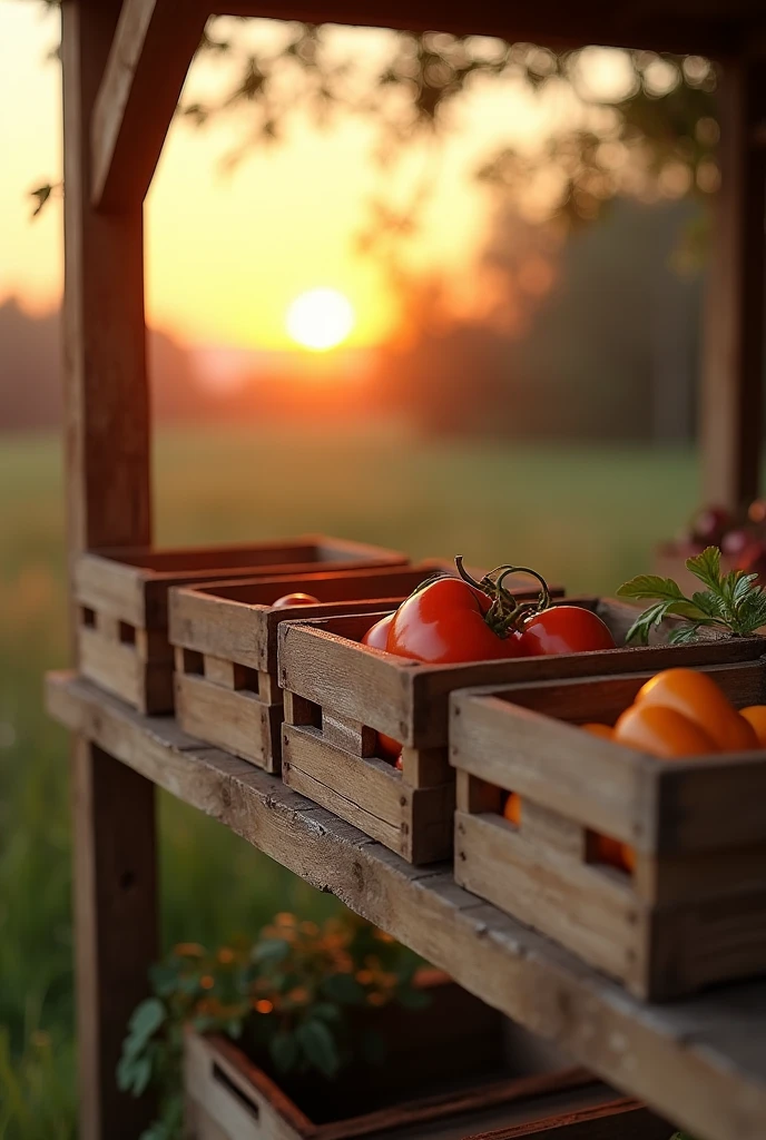 shelf with six empty wooden boxes that are used to sell fruit from the hortifruti on the farm at sunset