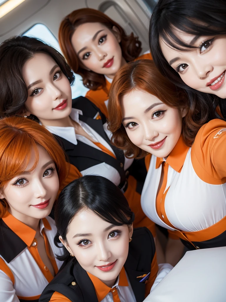 three sexy women in stewardess outfits, looking at camera, cute smiles, happy opened mouths, goth eye makeup, close up faces portrait, short curly orange hair, view from below