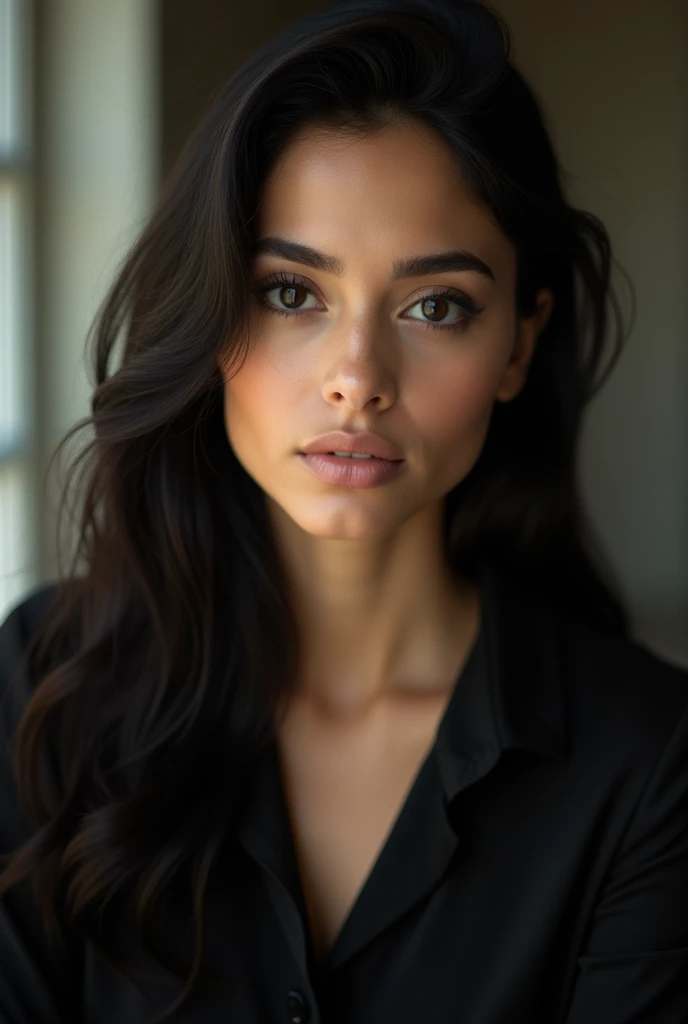 a close-up of a woman with long hair and a black blouse, a photo by Gina Pellón, instagramart, taquisma, beautiful latin face, 30-year-old woman from cuba, violet myers, looks like Laura Barriales, fernanda suarez, Julia Fontes, alanis guillen, beautiful mexican woman, looks like fabiula natal