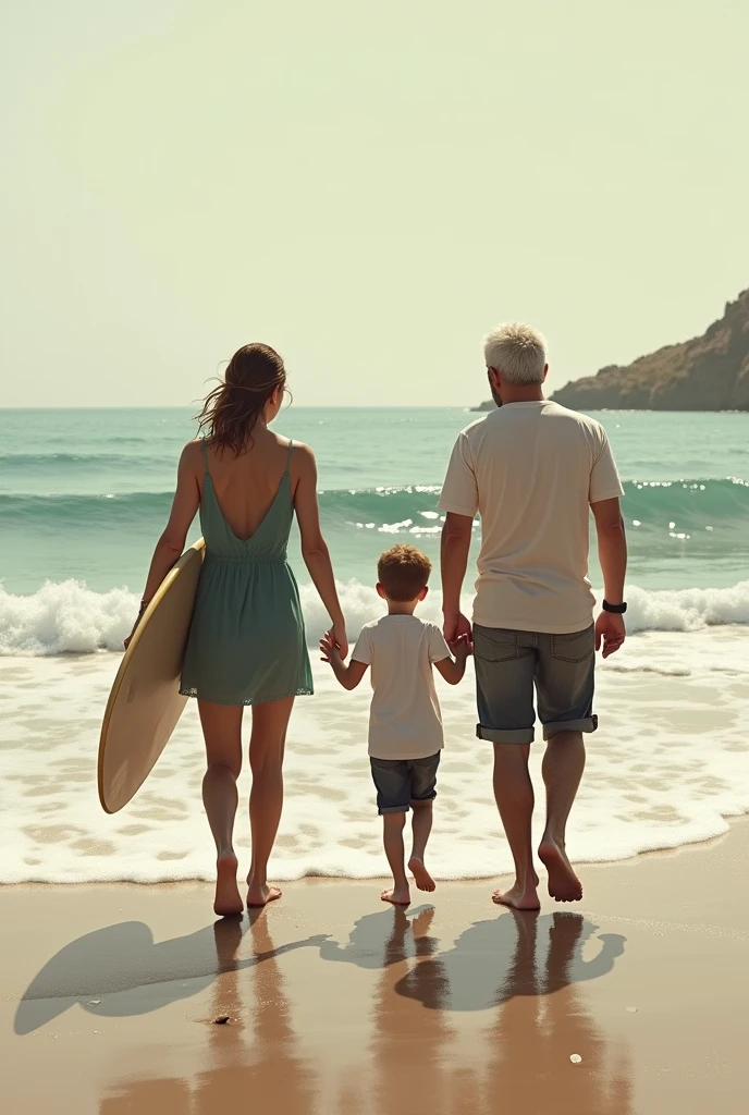I wanted a picture of my son, my husband and his deceased father walking on the beach, His father is carrying a surfboard in his hand. My husband is not very muscular and his father did not die very old., It would be for a tattoo. does not have a feminine image