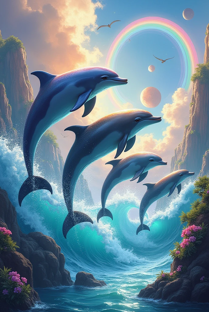 image of colorful dolphins, magical and semi-realistic, where dolphins are jumping out of the water with lots of rainbows in the background, everything exaggeratedly colorful, like the ones in the symphony memes
