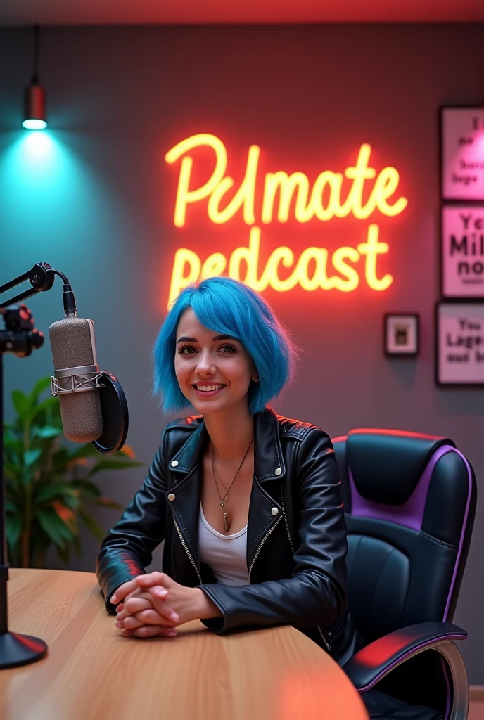 The background can have the name of the podcast Speak Serious in Portuguese in fun typography. Comfortable and modern furniture, such as a light wood table and black chair with lilac details add personality. Warm lighting with subtle LED lights creates a welcoming atmosphere. Plants, pictures with funny phrases, and high-quality microphones complement the look, reflecting the light and humorous tone of the program. Short hair dyed in a vibrant tone (like blue or purple), casual style with leather jackets and funky accessories. light brown eyes