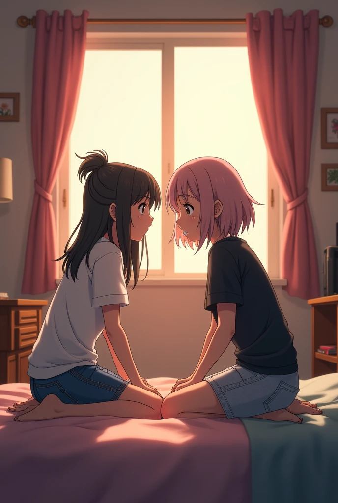 Absurd resolution, high resolution, (masterpiece: 1.4), super detailed, (((detailed face, detailed expression)), two girls, girl and girl, friends, best friends, classmates, relaxing, ponytail, bob, sitting on bed, sitting on the floor, two people conversing, background in room, friends, best friend, home, 1K, small room, curtains, bed, TV, desk, room wear, kyoto animation, The atmosphere of Kyoto Animation, (tearful)
