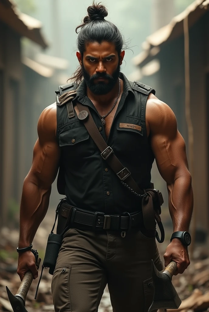 Vijay devarkonda with tying hair back hairstyle & beard, holding axe in one hand and holding Machete in other hand, wearing black vest