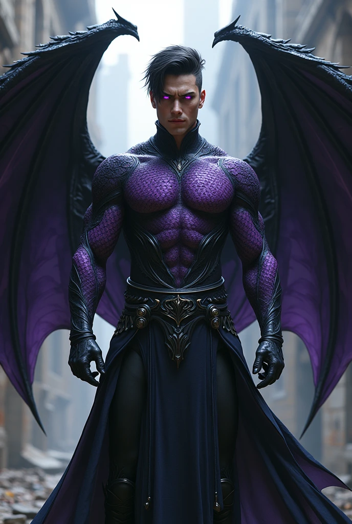 man who can transform into a dragon. I want him to have short black hair, purples eyes, be very strong and have some purple tattoos on your arms that look like dragon scales, I want him to have black wings like a dragon, and he must have black armor.