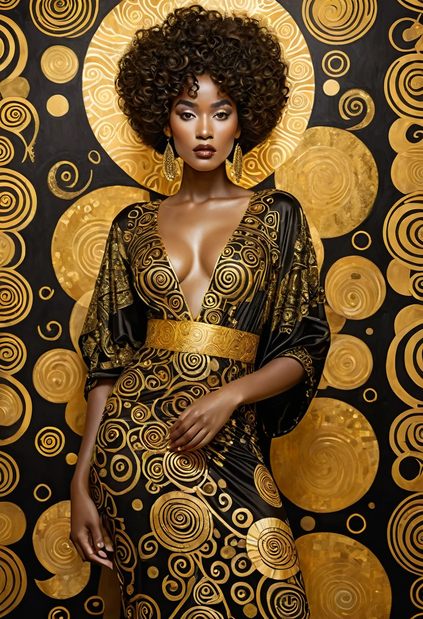 An artistic image of a Black woman dressed in the style of Gustav Klimt, featuring bold, golden patterns and intricate decorative elements on her gown. Emulate Klimt’s art style using a wet ink technique to create a visually striking effect. The scene is set indoors with ambient lighting that enhances the golden hues of the dress. The woman stands gracefully against a background filled with decorative elements and golden accents. Experiment with various camera angles to capture the richness and detail characteristic of Klimt's work.