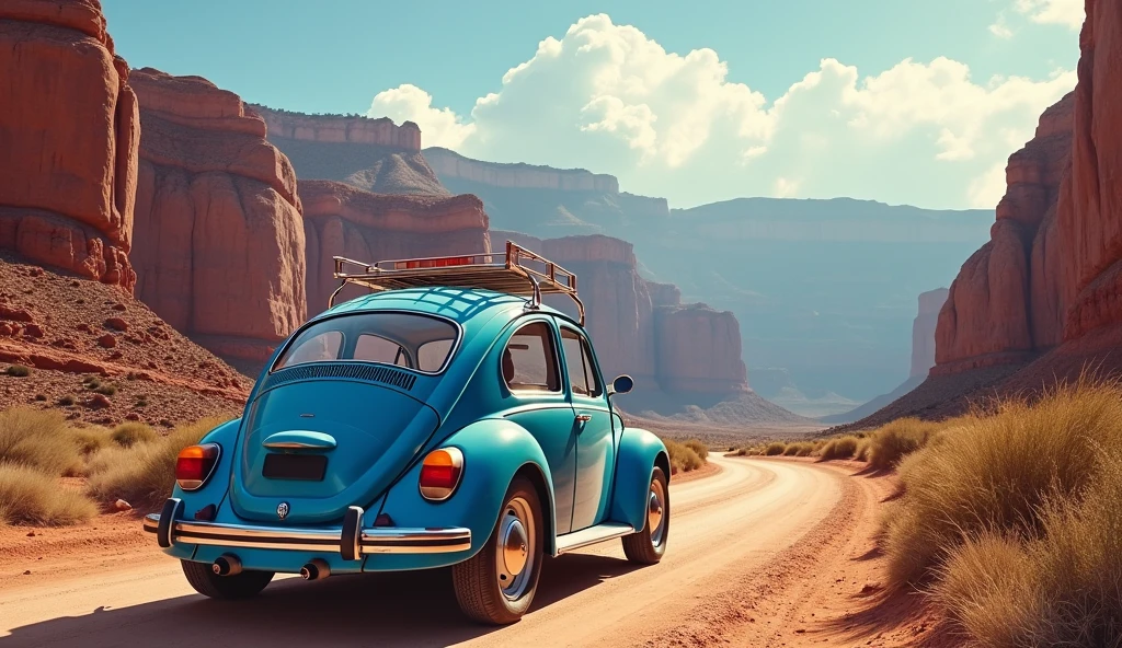 Rear of a 1973 blue Beetle,
Traveling through the Grand Canyon in the USA,
with written logo "vacation" at the top of the image,
With wide mode view.