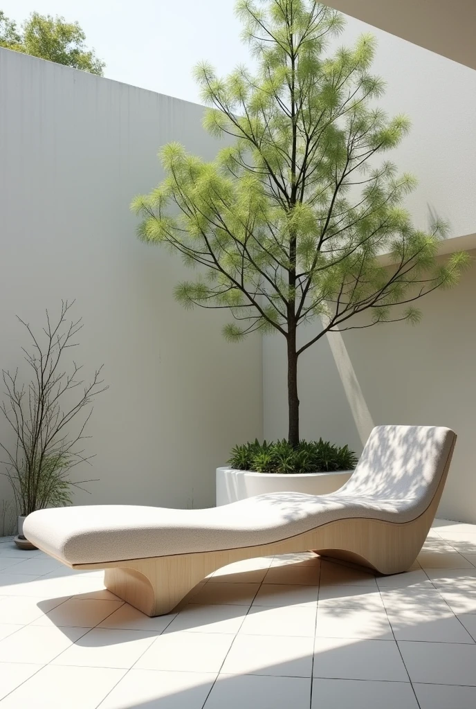 architecturally shaped bench with space to sit and lie down and a tree pot 