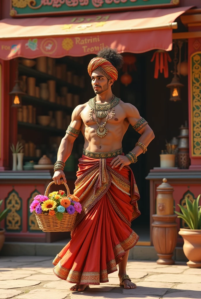 Create an image of a disguise male as a  female dancer in indian attire holding a flower basket infront of Indian tea shop .