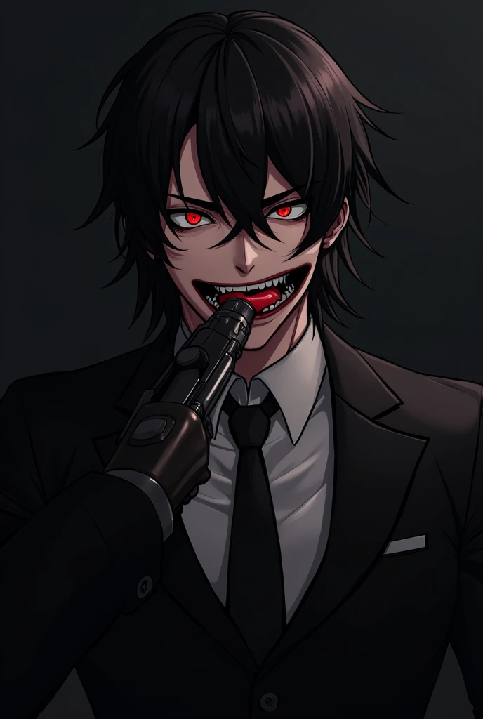 Portrait of an anime boy with muscular body having psycho red wild eyes, psycho teeth show laughing, wearing black suit with tie, licking gun ,long black hair