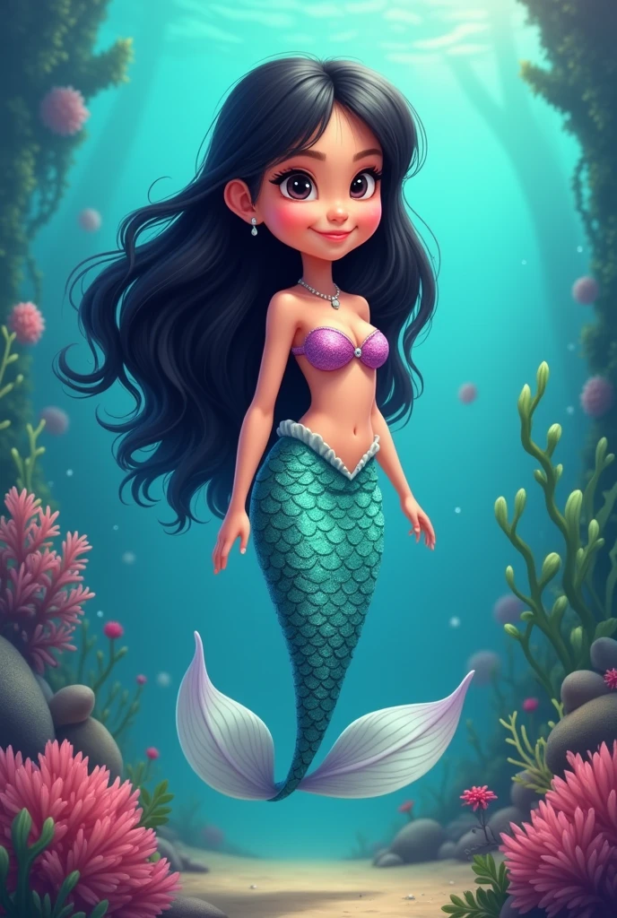 Girl long black hair cartoon full body with mermaid tail