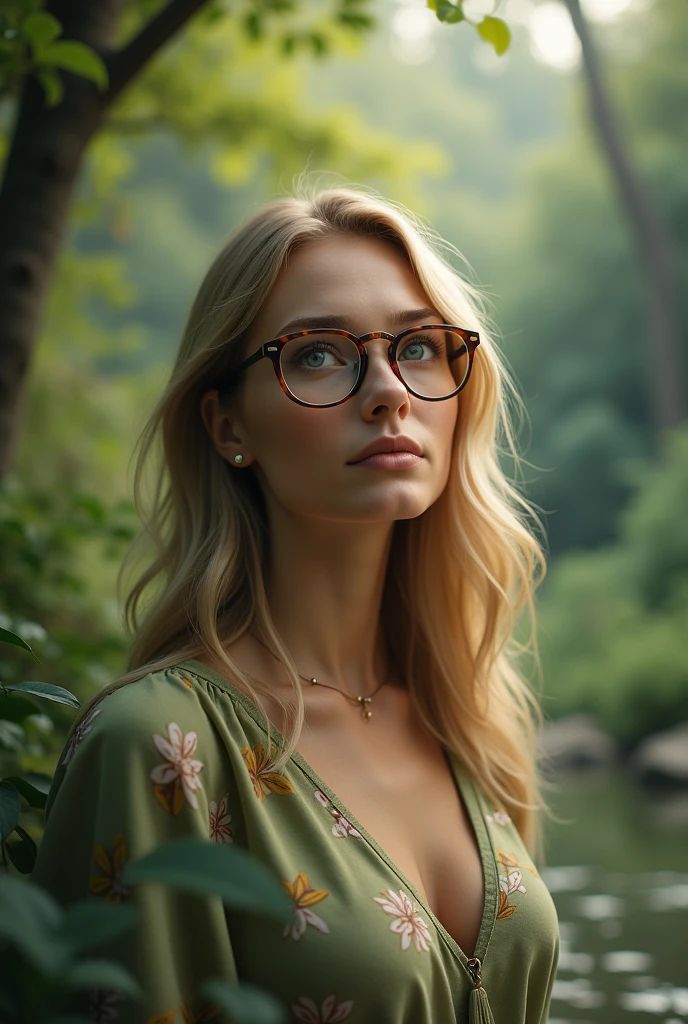 White woman with medium blonde straight hair, wearing brown rounded glasses, in a natural landscape