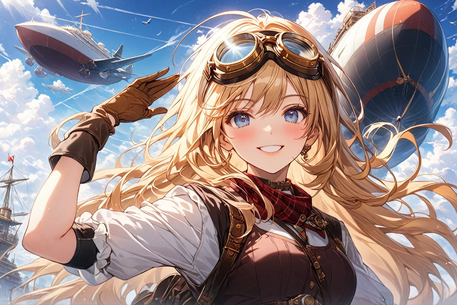 score_9_up, score_9, score_8_up, score_7_up, source_anime,masterpiece, best quality, high resolution, extremely detailed CG, absurdres, highres, 1girl, solo, a girl in goggles on head, a huge airships flys in sky between clouds at background, clouds and blue_sky in background, blonde hair, gloves, goggles, long hair, blue eyes, goggles on head, smile, brown gloves, weapon, steam punk, cowboy_shot