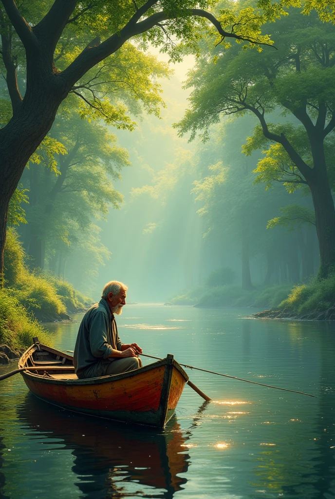 In a lush, green river landscape, an elderly fisherman sits quietly in his old, weathered boat. The boat, painted in a vibrant mix of red and yellow, stands out against the rich tapestry of surrounding greenery. The boat's paint is slightly chipped and faded, telling stories of many years spent on the river.
The fisherman, with a weathered face marked by years of experience, is deeply focused on his fishing rod. His worn, traditional clothing complements the rustic charm of his boat. The river flows gently around him, its surface mirroring the vivid colors of the boat and the deep greens of the dense foliage that encircles the waterway.
Towering trees with thick, emerald canopies line the riverbanks, their reflections creating a serene and harmonious blend of colors in the water. Sunlight filters through the leaves, casting a soft, dappled light on the river and the fisherman, adding a warm, golden glow to the scene.
The overall atmosphere is tranquil and timeless, capturing the essence of a peaceful, rural life intertwined with the natural beauty of the river and its lush surroundings.