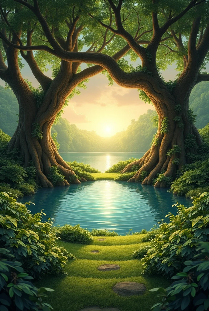 « A grove of drooping trees sprouts from a bed of soft grass, their branches tangling together as though they’ve been holding hands for decades. Large roots break through the earth to weave between « vibrant foliage encircling the most beautiful thing of all.
A sparkling pool shimmers in the center of the scene, rippling each time a soft breeze blows through. Plants crowd the water to soak their leaves and bathe in the sinking sun. »