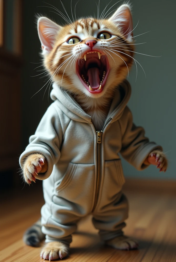 A kitten wearing casual loungewear、Edvard Munch's『Scream』shouting with a face reminiscent of。 Mouth wide open in fear、The eyes are round and only the whites are visible.。 Has an intense look。The background is a simple room、It heightens the contrast between the kitten's dramatic reaction and its calm environment.。"、