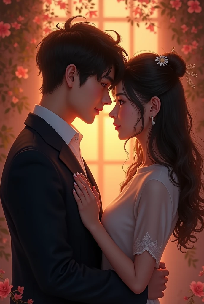 Create a realistic book cover photo of a handsome, innocent and idol like a 20 years old filipino-korean seminarian and a handsome charismatic and cute vampire. A sweet photo