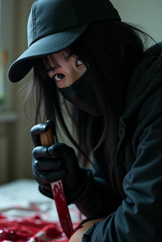 korean girl, (behind stiff, holding knife), stabbing, black balaclava mask, black gloves, girl only, black raincoat, trucker hat, bloody knife, bloody room, black gloves, woman on top, behind cadaver, blood splatter, on the bed, looking at viewer, mass murderer, killer, blood splatter, atmospheric realistic, light from the window, close-up,