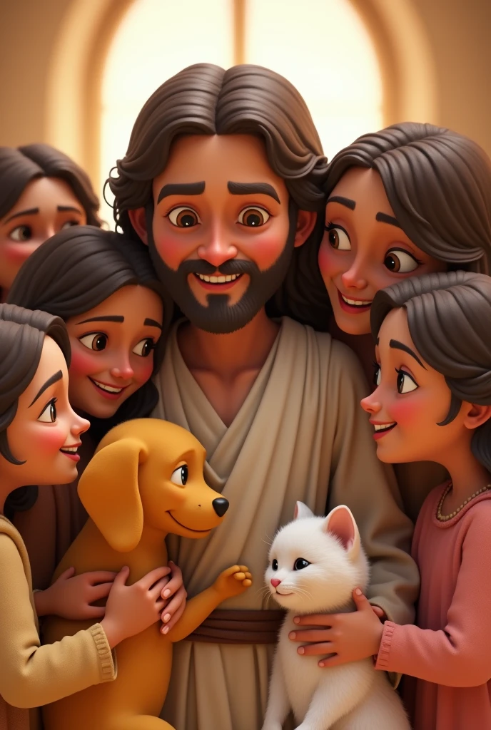 tender image of Jesus with an adult mother, five adult daughters, a yellow dog and a white cat, Pixar 3D type image