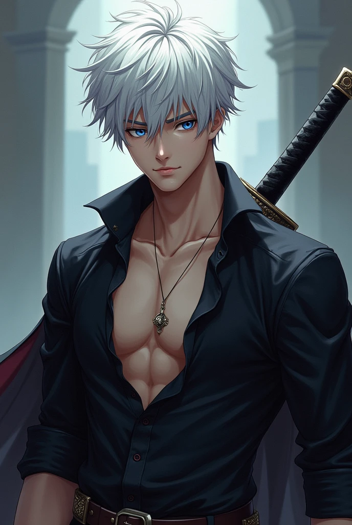 short white hair anime handsome boy with emotionless dark blue sharp eyes, white hair toned, with katana wearing open wide collar black shirt with a pirate cape in the shoulders