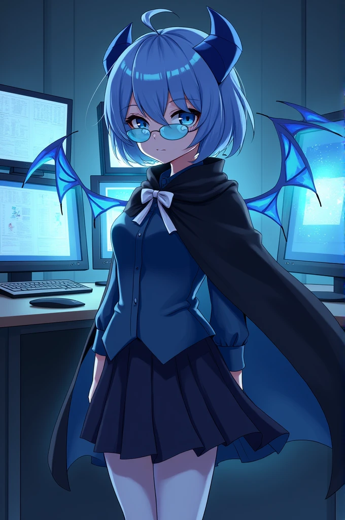 1 girl, lillaevil, For the blue, blue eyes, short hair, black cape, Skirt, white pantyhose, blue demon wings, blue tinted glasses, mini has,, inside, hiding place, many computer monitors, phantom thief hiding place,, ,