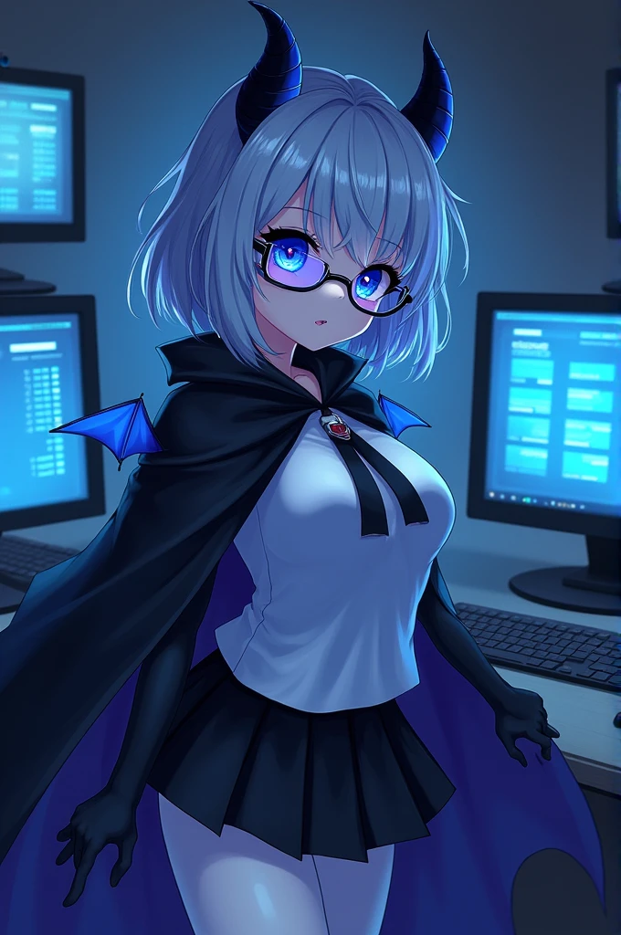 1 girl, lillaevil, For the blue, blue eyes, short hair, black cape, Skirt, white pantyhose, blue demon wings, blue tinted glasses, mini has,, inside, hiding place, many computer monitors, phantom thief hiding place,, ,