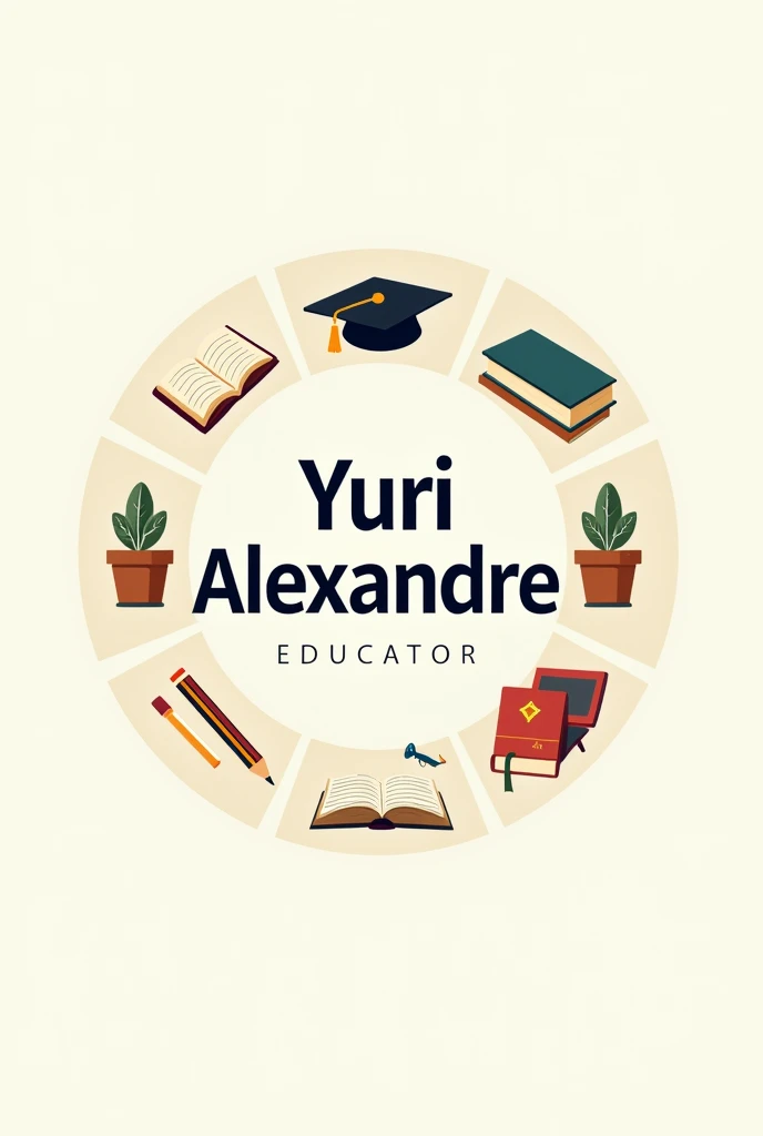 Create a round logo with the name of the educator Yuri Alexandre that has books and pencils