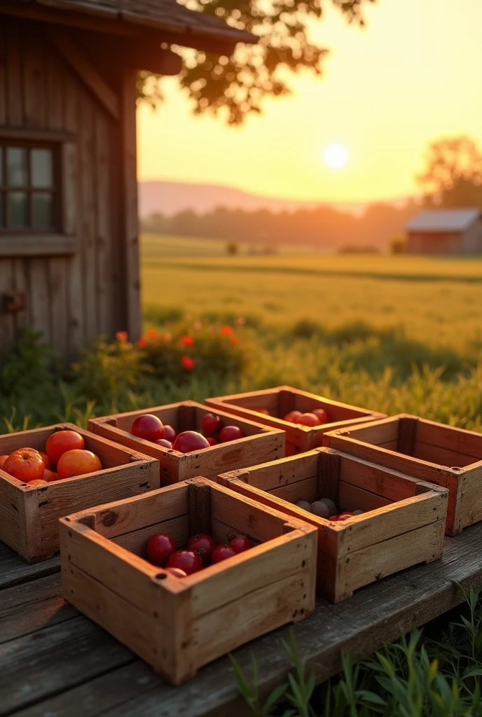 box with six empty wooden boxes that are used to sell fruit from the hortifruti on the farm at sunset