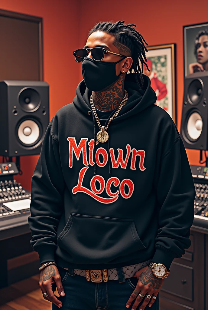 A rapper boy, on audio recording studio, high quality sound equipments, booth on the side,recording somg, producers on the side, hair braids with ash colours, wearing bandana on neck, hiphop dress and jewelleries, tattoos, realistic, good lightning, hiphop posters on the wall, face covered with ski mask, dior glasses, louis Vuitton belt, wearing black hoodie with bandana print, MTOWN LOCO written on the hoodie, 