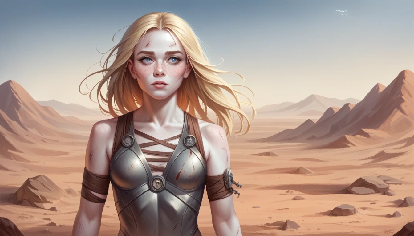 Masterpiece, Transitioning to a desert landscape at sunset, a lone figure, a beautiful American teenage girl emerges wearing beautiful post apocalyptic nomadic clothes, white skin, blonde hair, blue-grey eyes, freckles on face, slim running body, small breasts, very detailed face, ultra realistic face, very beautiful face, post-apocalyptic clothing. Layers of tattered fabric, unconventional accessories, and a weathered look create an aura of survival and resilience, 16K, ultra high res.photorealistic, UHD, RAW, DSLR