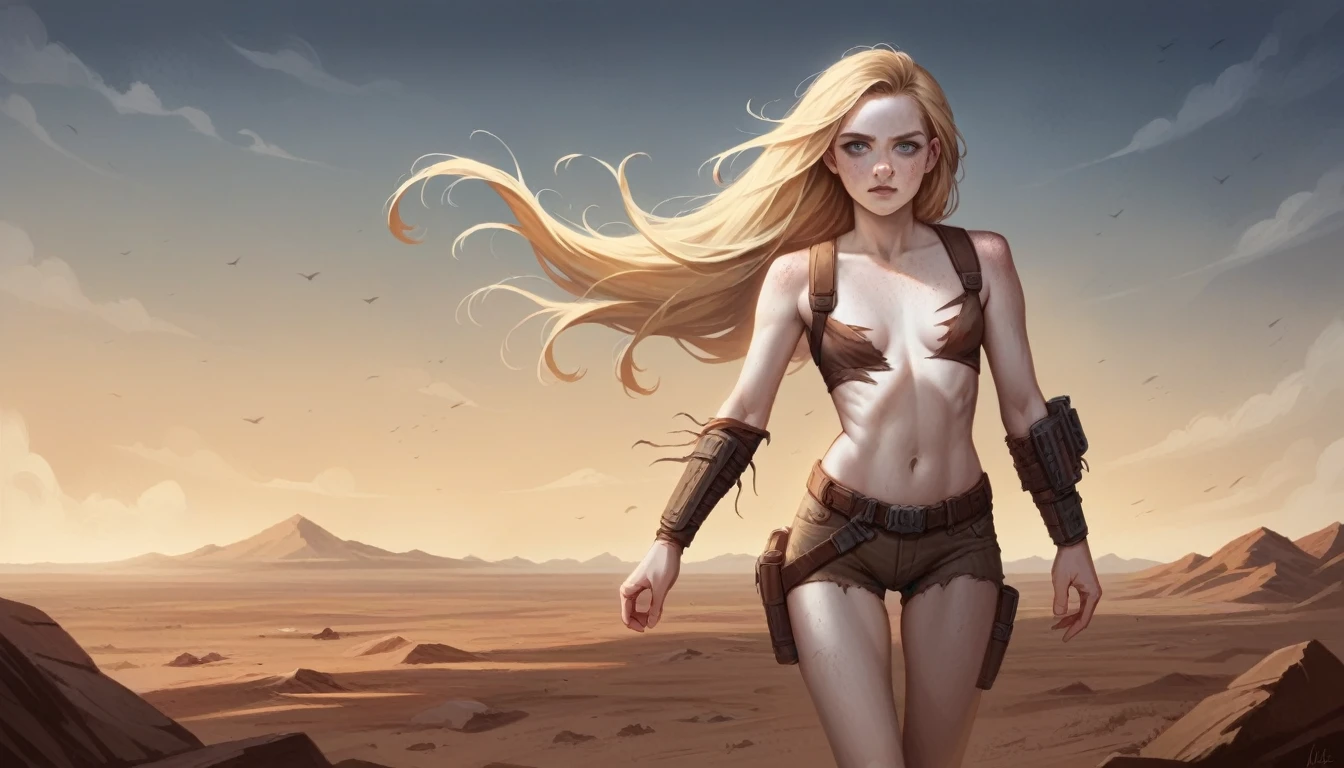 Masterpiece, Transitioning to a desert landscape at sunset, a lone figure, a beautiful  American age girl emerges wearing beautiful  post apocalyptic nomadic clothes, white skin, blonde hair, blue-grey eyes, freckles on face, slim running body, small breasts, very detailed face, ultra realistic face, very beautiful face, post-apocalyptic clothing. Layers of tattered fabric, unconventional accessories, and a weathered look create an aura of survival and resilience, 16K, ultra high res.photorealistic, UHD, RAW, DSLR