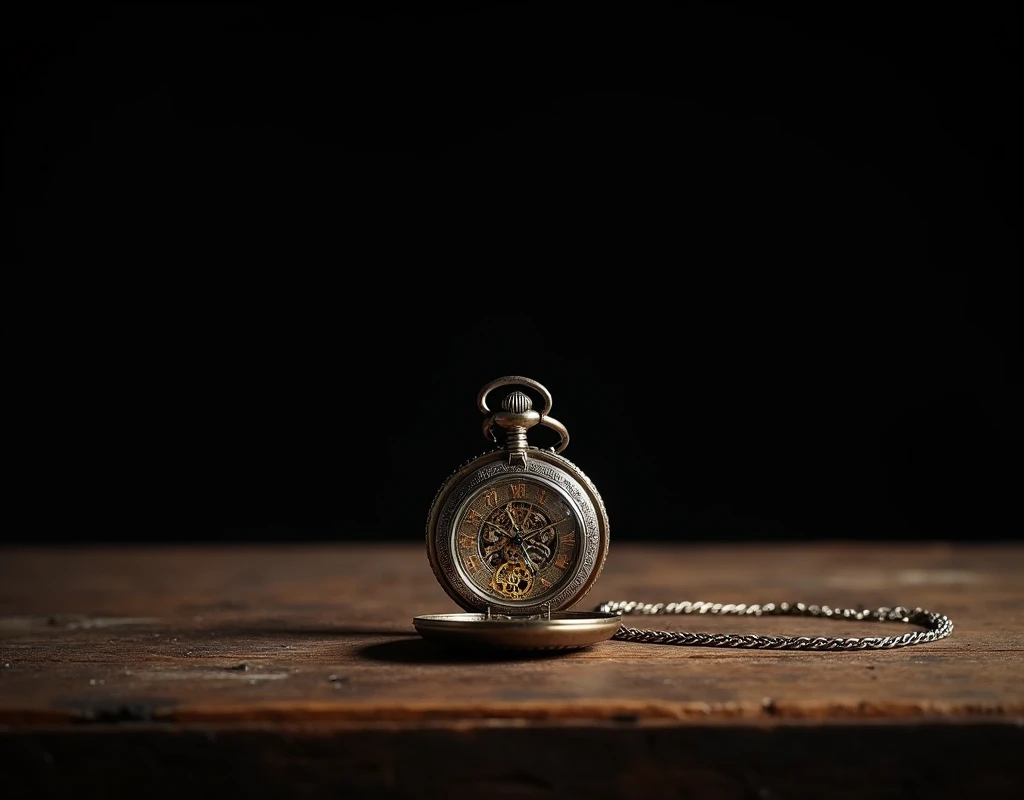 a wooden table with a pocket watch on it, on black photography background