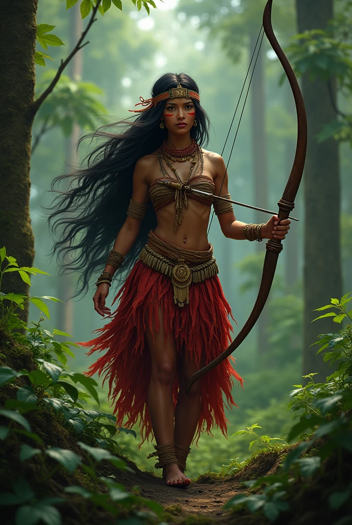 AN INDIGENOUS WOMAN WEARING RED PLANTS AS A SKIRT WITH LONG HAIR AND A FRINGE ON HER FOREHEAD WITH A RED STRIPE PAINTED ON HER CHEEKS WITH A STRIP OF CLOTH AROUND HER HEAD STANDING IN THE FOREST WITH A BOW AND ARROW IN HER HANDS 
