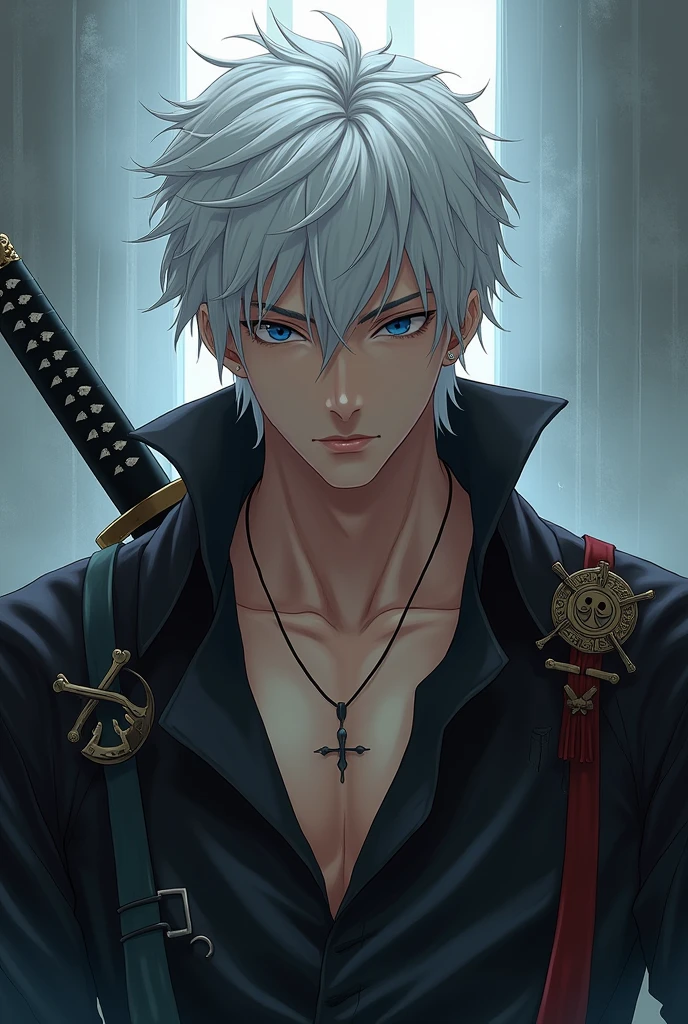 short white hair anime handsome boy with emotionless dark blue sharp eyes, white hair toned, with katana wearing open wide collar black shirt with a pirate cape in the shoulders