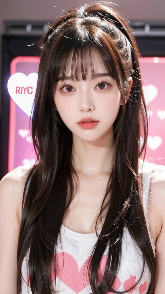 1 Kpop girl With y2k vibe long hair with bangs and surround by hearts  and electronics and with a cute heart top
