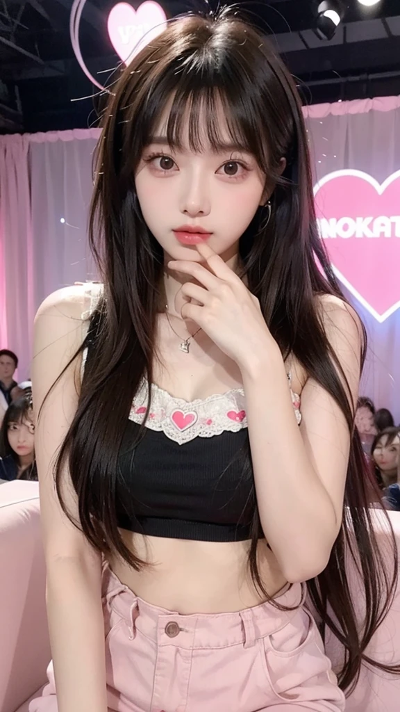 1 Kpop girl With y2k vibe long hair with bangs and surround by hearts and electronics and with a cute heart top