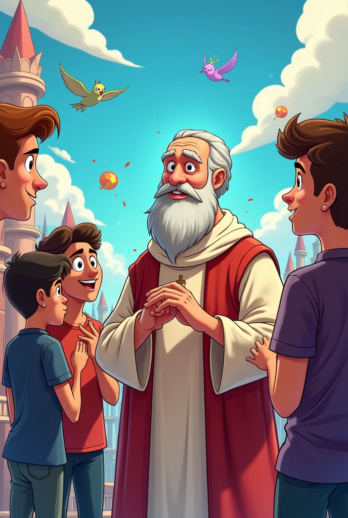 Create for me an image of St. Augustine of Hippo with young people, men and women around, with a cartoon style like the Fairly OddParents series