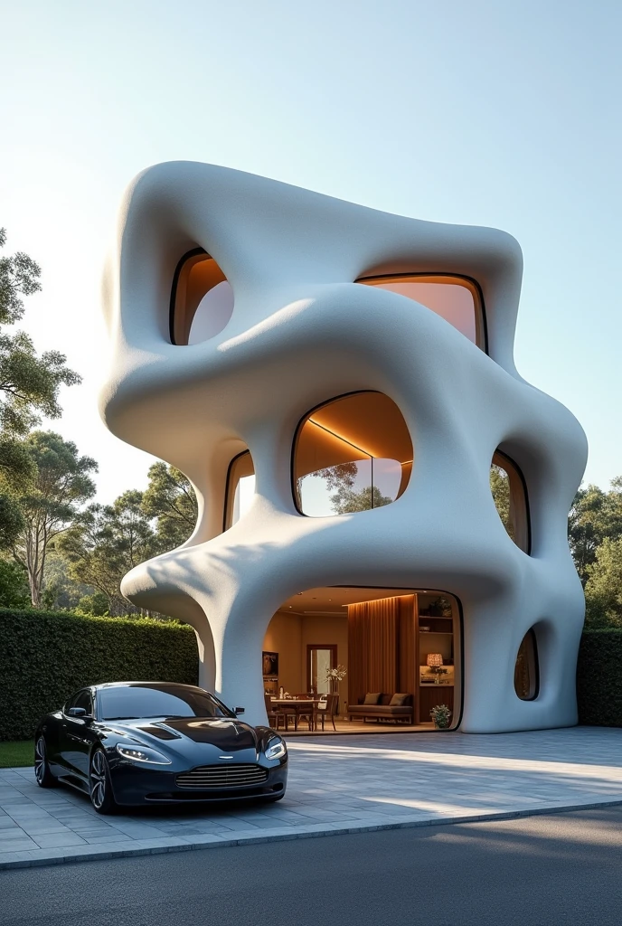 a parametric villa , exterior view , a car is parked in front of a parametric villa, realestic architecture , concept house , 22 meters high , front view , high quality rendering , luxury architecture , relistic physical rendering , parametric house , installation architecture ,
